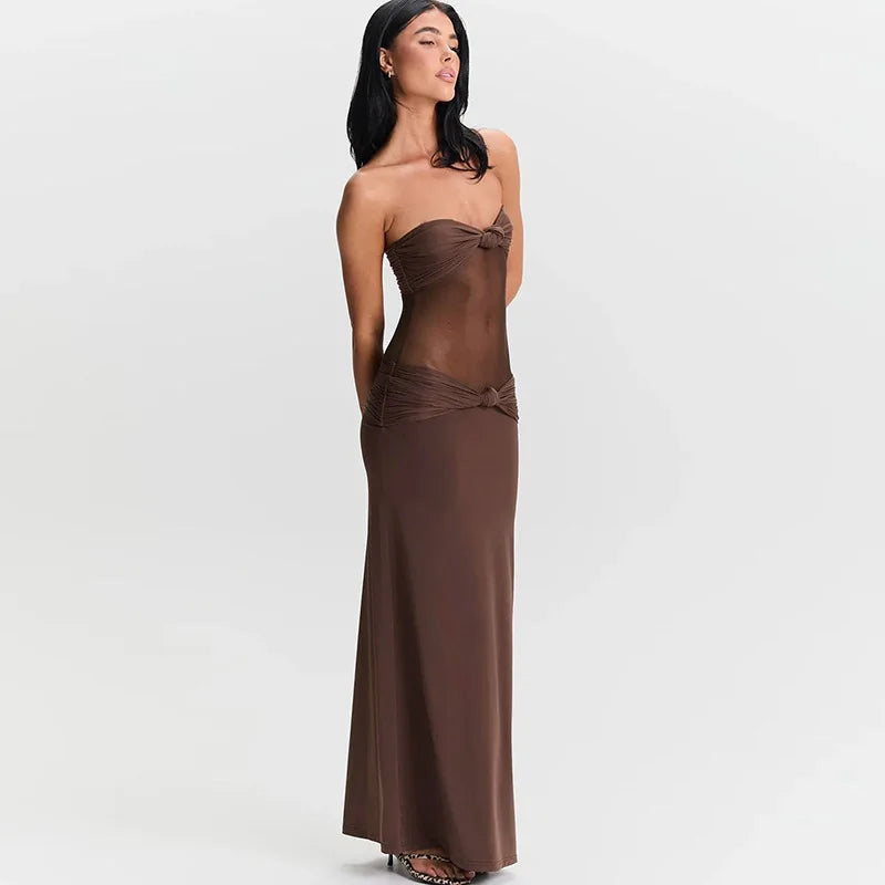 Vestido Longo Sexy Marrom Alcinha Transparência Mocha Mousse