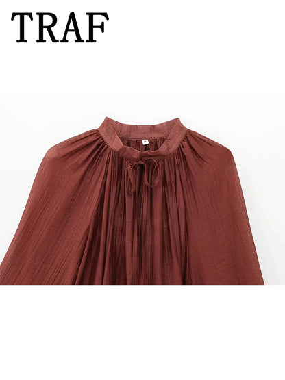 TRAF Womens Dresses Ruffles Long Sleeve Tied Mini Dress Women Semi-transparent Sexy Dress Spring Elegant Party Dresses Woman ﻿