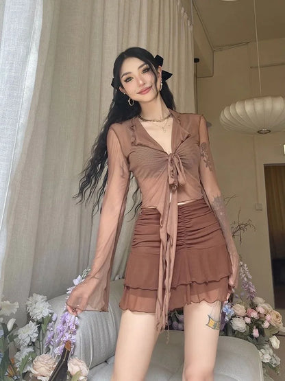 Blusa Feminina Flaire Vintage Boho Chic Amarração Frontal Transparente