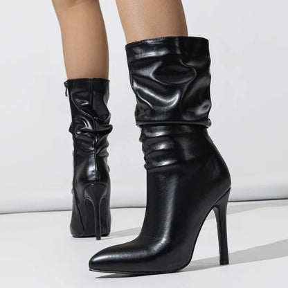 Bota Cléo Cano Médio Enrugado Salto Fino
