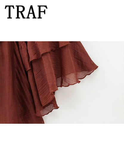 TRAF Womens Dresses Ruffles Long Sleeve Tied Mini Dress Women Semi-transparent Sexy Dress Spring Elegant Party Dresses Woman ﻿