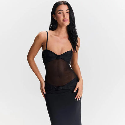 Vestido Longo Sexy Marrom Alcinha Transparência Mocha Mousse