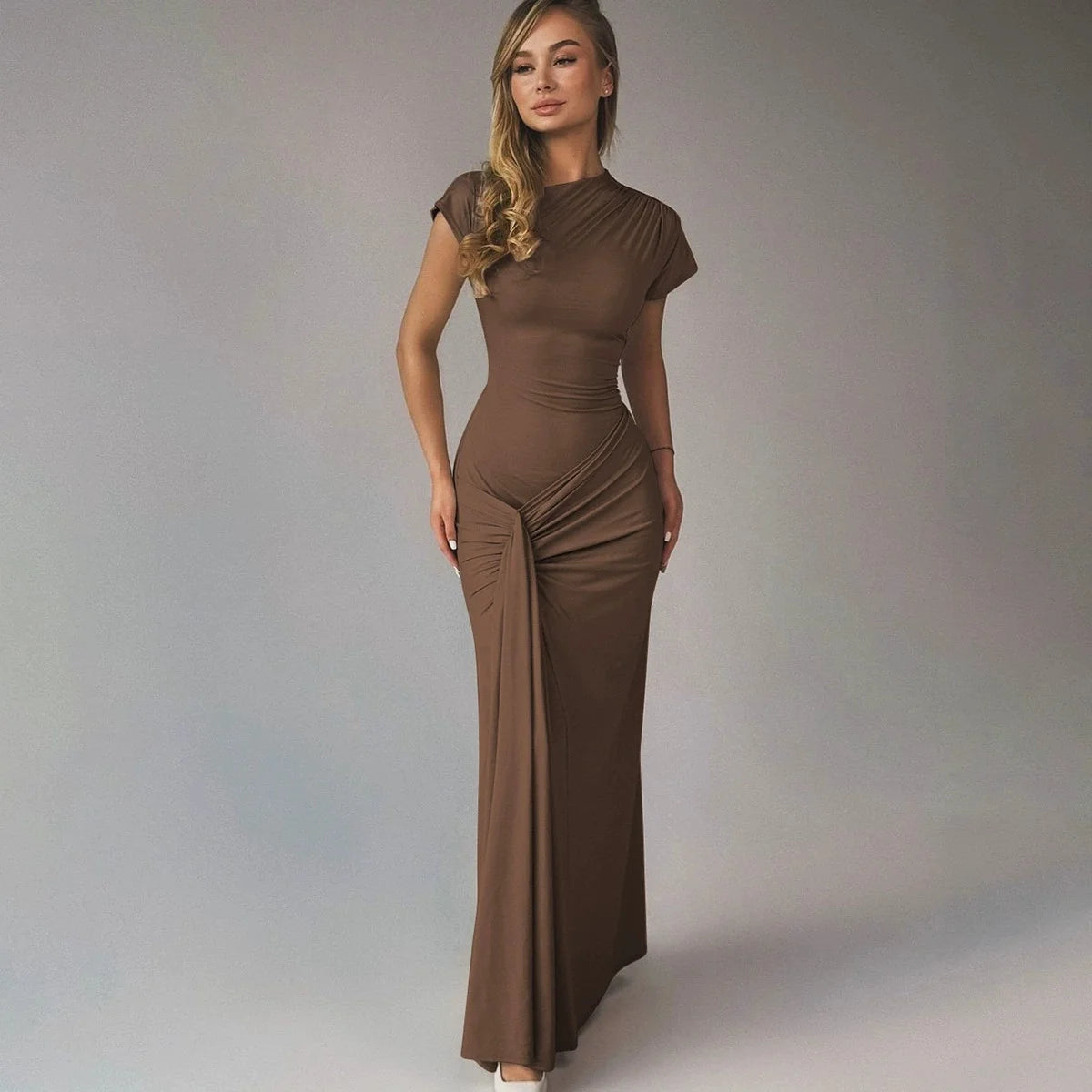Vestido Longo Luxo Drapeado Frontal Amarração nas Costas