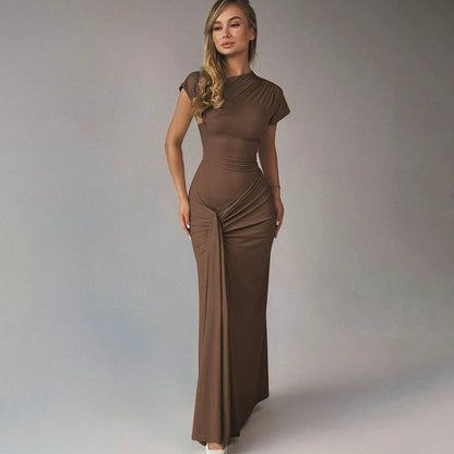 Vestido Longo Luxo Drapeado Frontal Amarração nas Costas