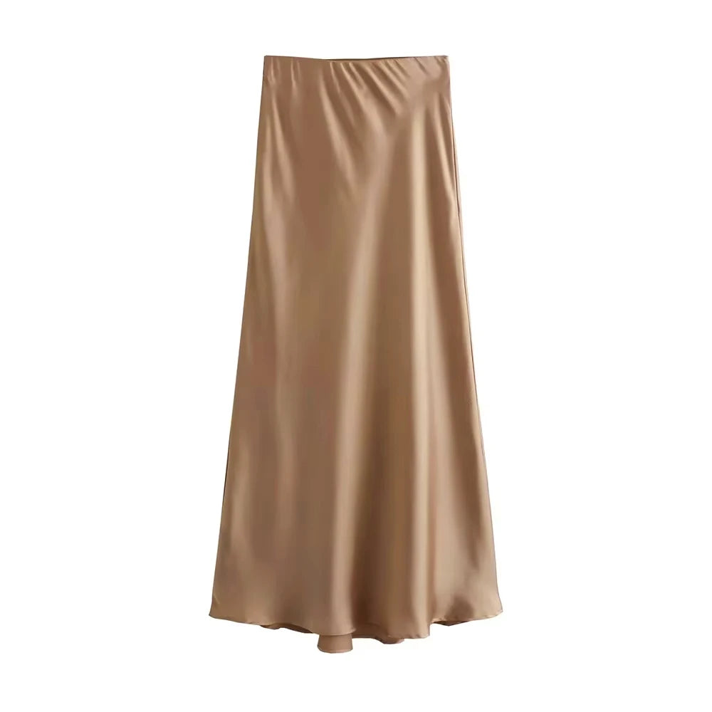 Saia Cetim Midi Toque de Seda Boho Chic