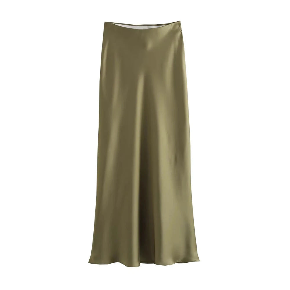 Saia Cetim Midi Toque de Seda Boho Chic