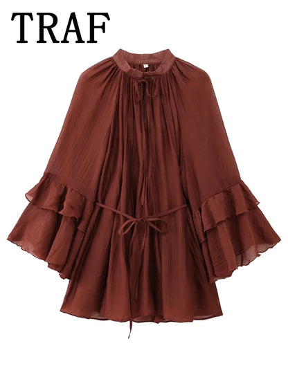 TRAF Womens Dresses Ruffles Long Sleeve Tied Mini Dress Women Semi-transparent Sexy Dress Spring Elegant Party Dresses Woman ﻿
