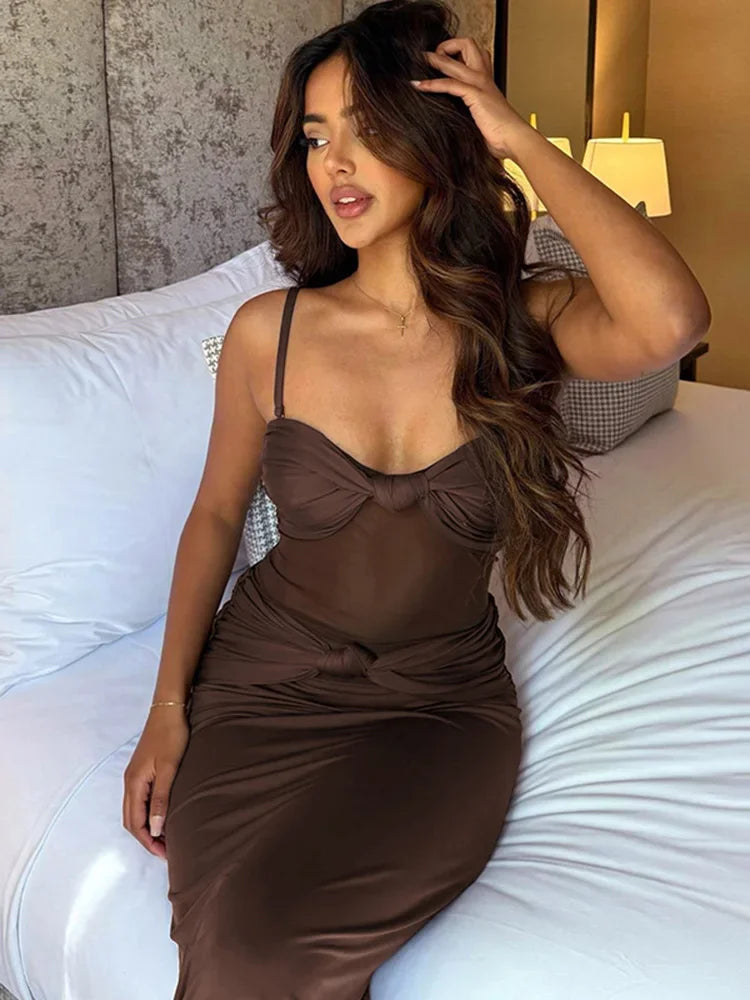 Vestido Longo Sexy Marrom Alcinha Transparência Mocha Mousse