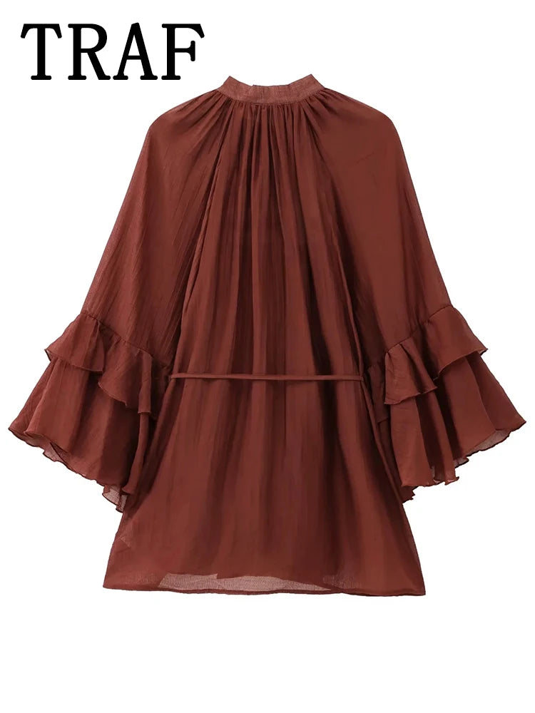 TRAF Womens Dresses Ruffles Long Sleeve Tied Mini Dress Women Semi-transparent Sexy Dress Spring Elegant Party Dresses Woman ﻿