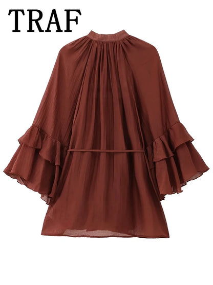 TRAF Womens Dresses Ruffles Long Sleeve Tied Mini Dress Women Semi-transparent Sexy Dress Spring Elegant Party Dresses Woman ﻿