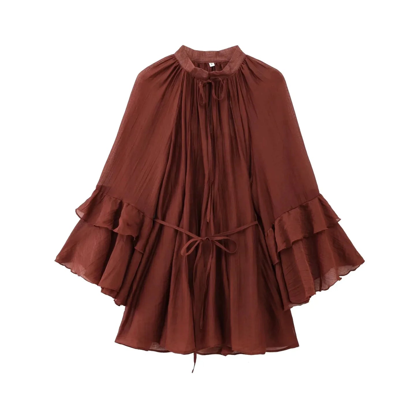 TRAF Womens Dresses Ruffles Long Sleeve Tied Mini Dress Women Semi-transparent Sexy Dress Spring Elegant Party Dresses Woman ﻿