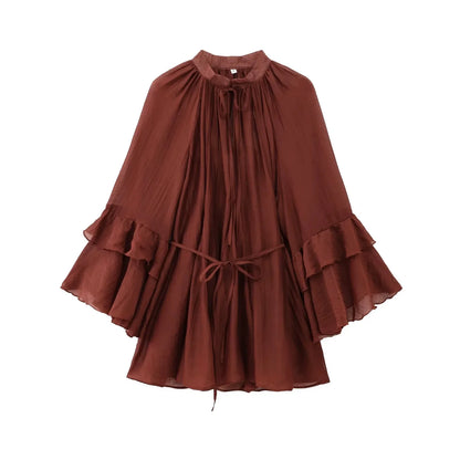 TRAF Womens Dresses Ruffles Long Sleeve Tied Mini Dress Women Semi-transparent Sexy Dress Spring Elegant Party Dresses Woman ﻿