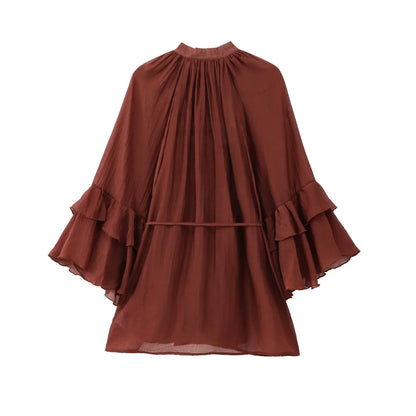 TRAF Womens Dresses Ruffles Long Sleeve Tied Mini Dress Women Semi-transparent Sexy Dress Spring Elegant Party Dresses Woman ﻿