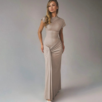 Vestido Longo Luxo Drapeado Frontal Amarração nas Costas