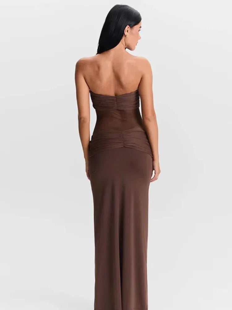 Vestido Longo Sexy Marrom Alcinha Transparência Mocha Mousse