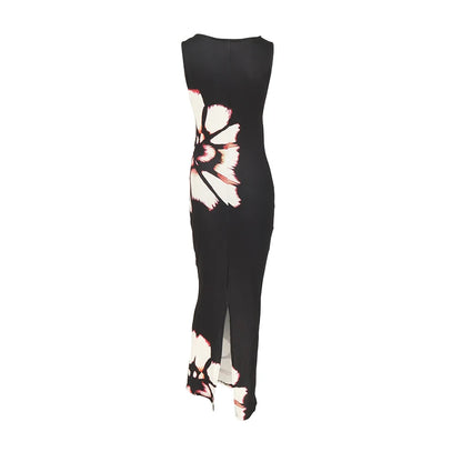Vestido Sexy Longo Vazado Lateral Flores Antônia