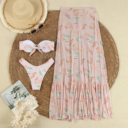 2024 3 Pieces Bikini with Beach Skirt Swimwear Women Print Swimsuit Halter Bathing Suit Beachwear Bikini Set Biquini