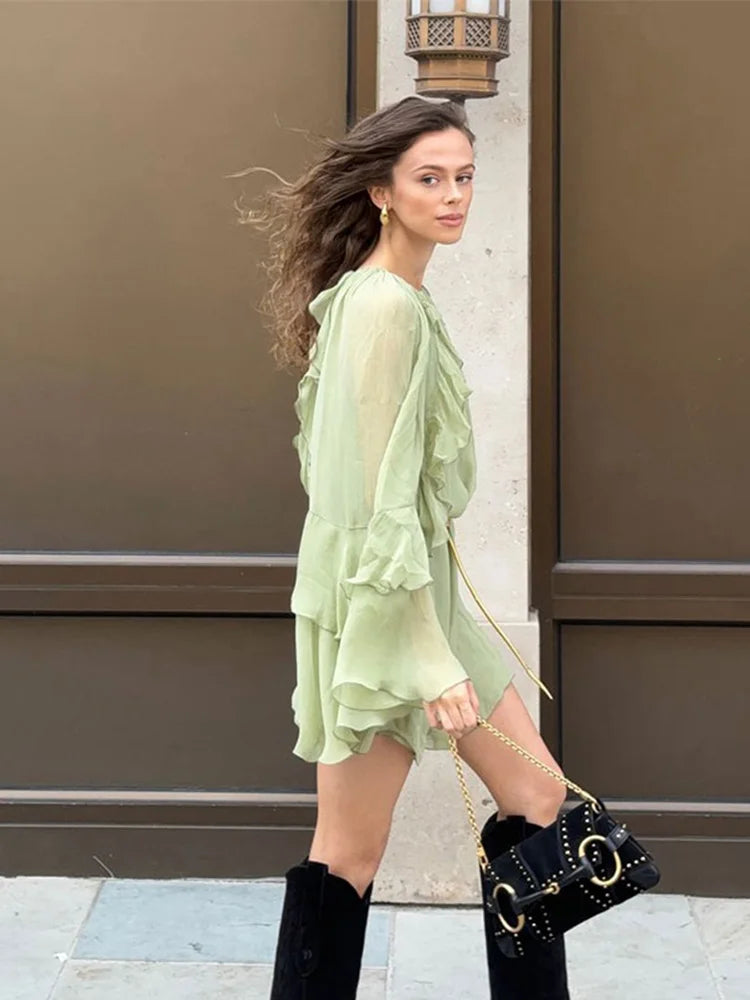 Vestido Curto Manga Longa Babados Boho Chic Verde