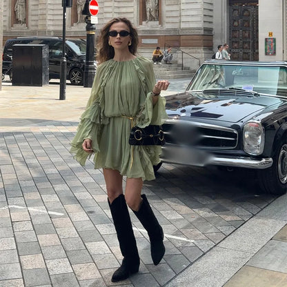 Vestido Curto Manga Longa Babados Boho Chic Verde