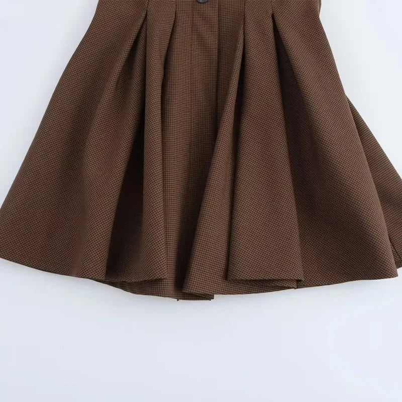 Vestido Curto Xadrez Marrom Botões Amarração Vintage