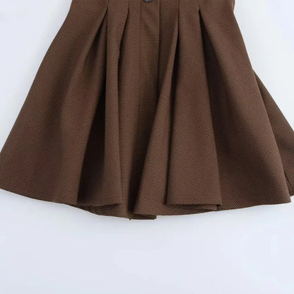 Vestido Curto Xadrez Marrom Botões Amarração Vintage