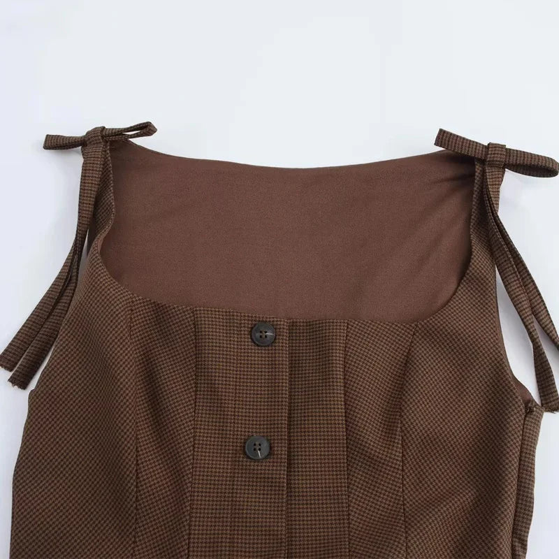 Vestido Curto Xadrez Marrom Botões Amarração Vintage