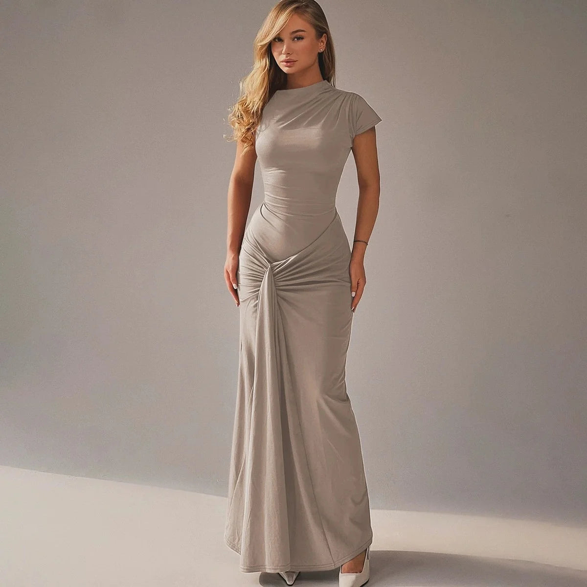 Vestido Longo Luxo Drapeado Frontal Amarração nas Costas