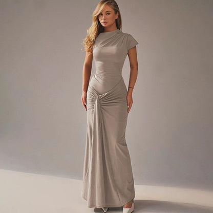 Vestido Longo Luxo Drapeado Frontal Amarração nas Costas