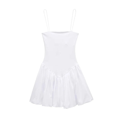 TRAF-Women's Patchwork Ribbed Poplin Puff Mini Dress, Straight Neck, Thin Straps, Female Dresses, Sexy Fashion