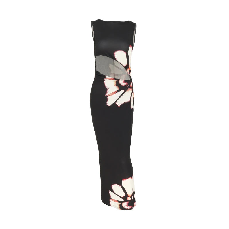 Vestido Sexy Longo Vazado Lateral Flores Antônia