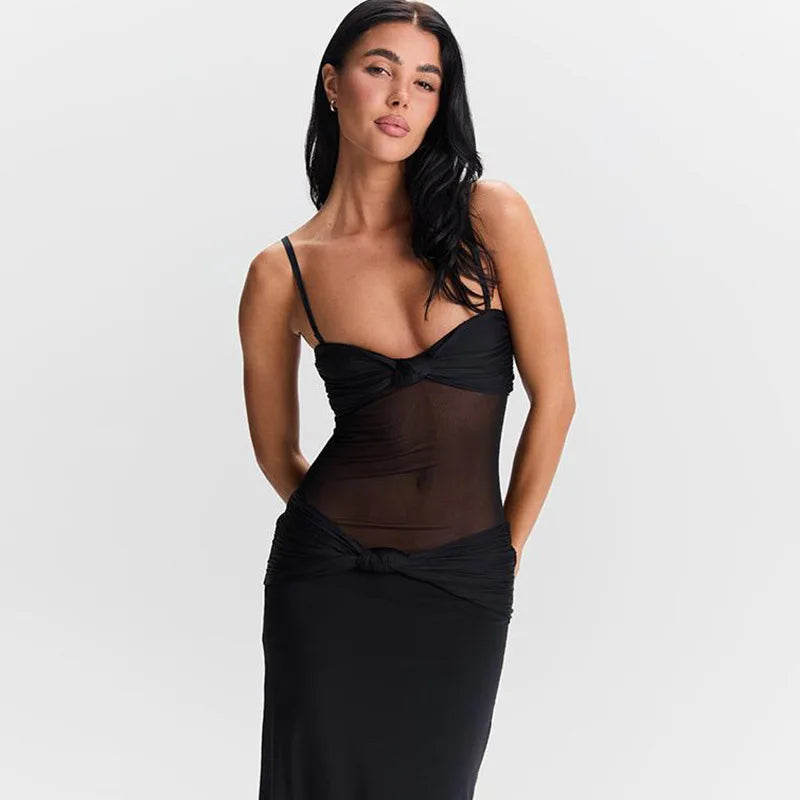 Vestido Longo Sexy Marrom Alcinha Transparência Mocha Mousse