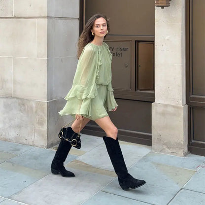 Vestido Curto Manga Longa Babados Boho Chic Verde