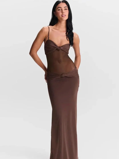 Vestido Longo Sexy Marrom Alcinha Transparência Mocha Mousse