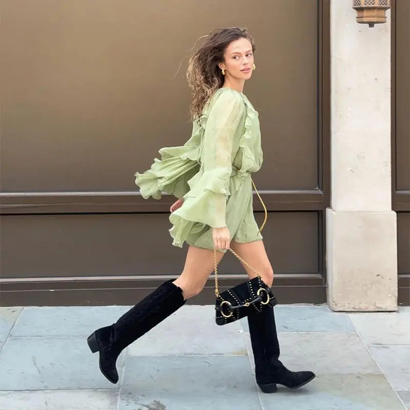 Vestido Curto Manga Longa Babados Boho Chic Verde