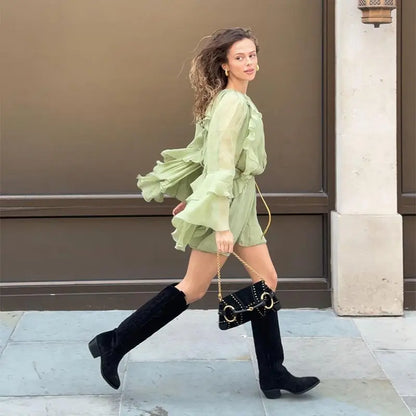 Vestido Curto Manga Longa Babados Boho Chic Verde