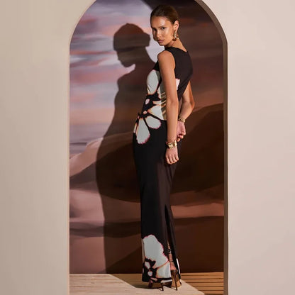 Vestido Sexy Longo Vazado Lateral Flores Antônia