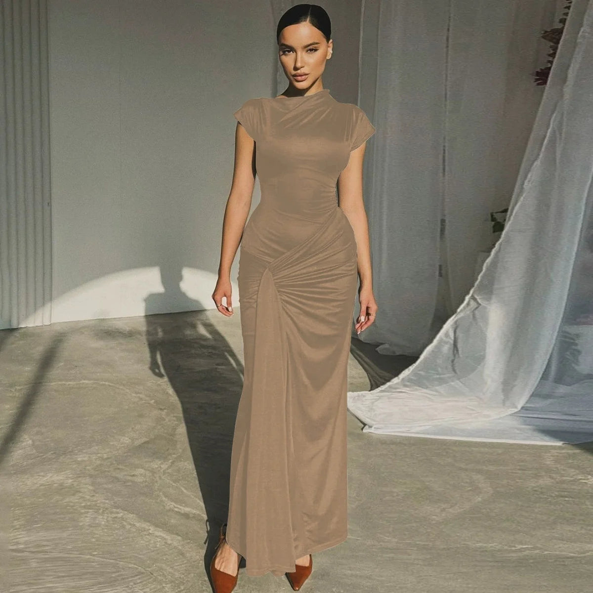Vestido Longo Luxo Drapeado Frontal Amarração nas Costas