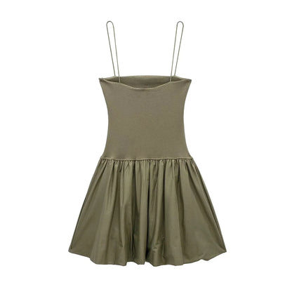 TRAF-Women's Patchwork Ribbed Poplin Puff Mini Dress, Straight Neck, Thin Straps, Female Dresses, Sexy Fashion