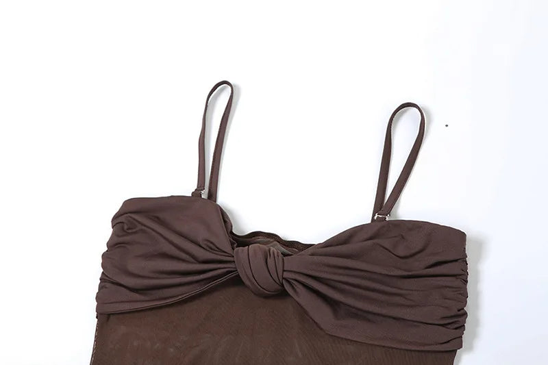 Vestido Longo Sexy Marrom Alcinha Transparência Mocha Mousse