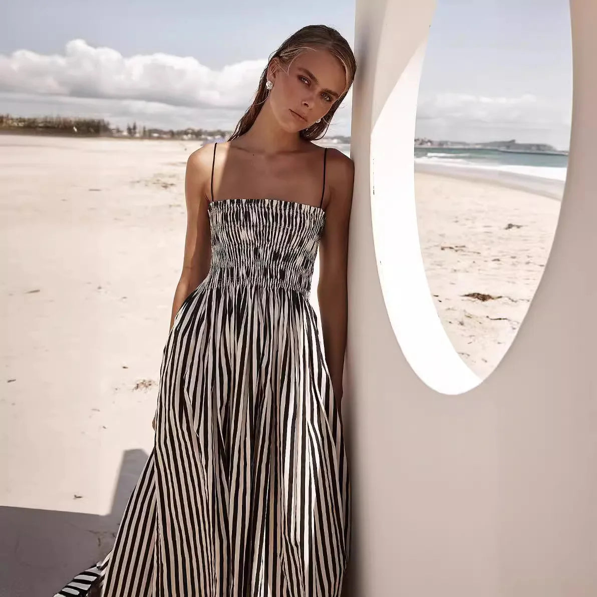 Vestido Longo Elegante Listrado Alcinha Arya