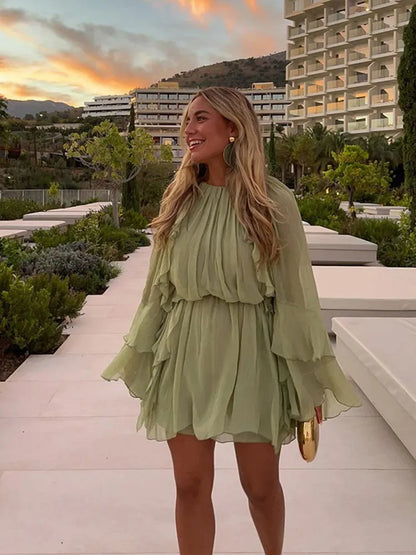Vestido Curto Manga Longa Babados Boho Chic Verde