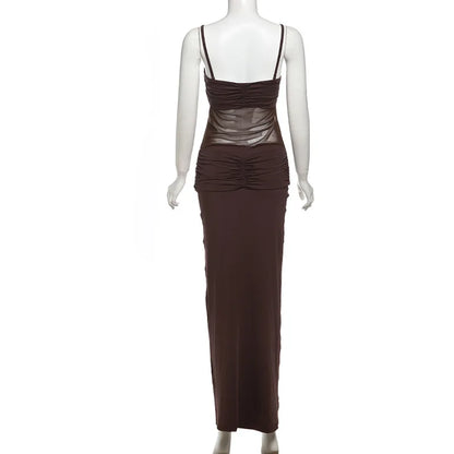 Vestido Longo Sexy Marrom Alcinha Transparência Mocha Mousse