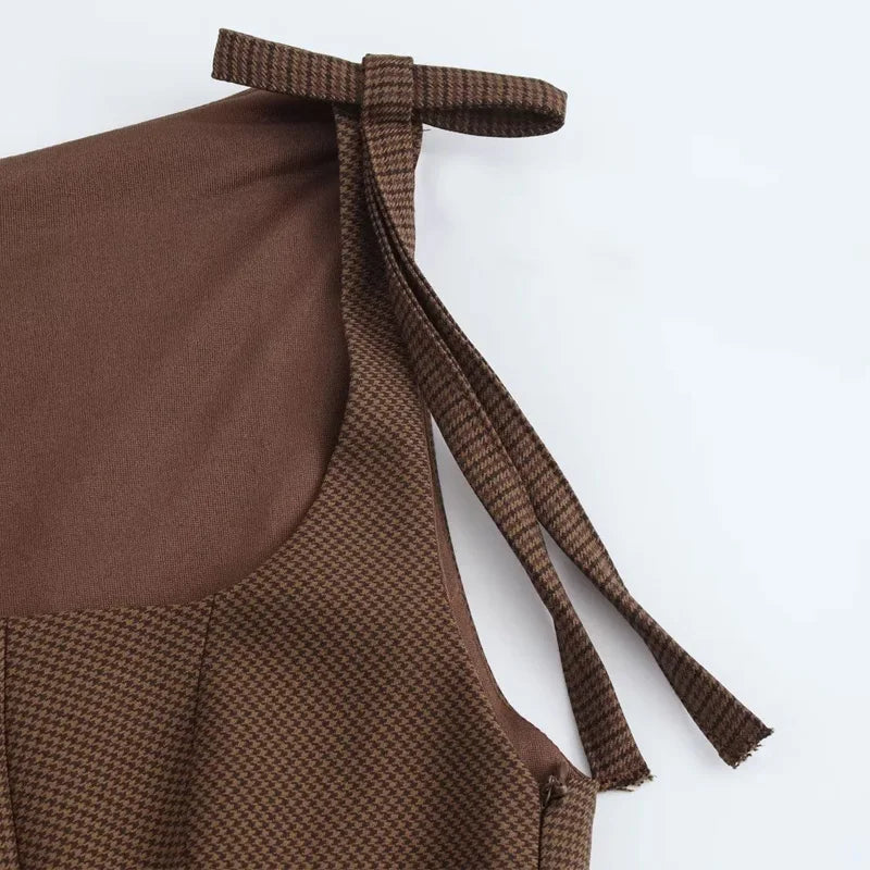 Vestido Curto Xadrez Marrom Botões Amarração Vintage
