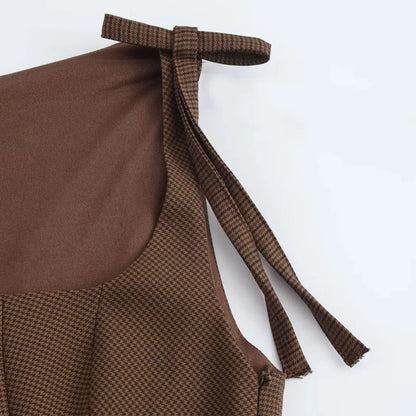 Vestido Curto Xadrez Marrom Botões Amarração Vintage