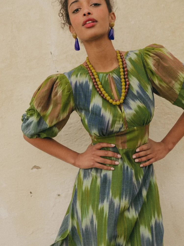 Vestido Boho Chic Manga Bufante Estampado Bianca