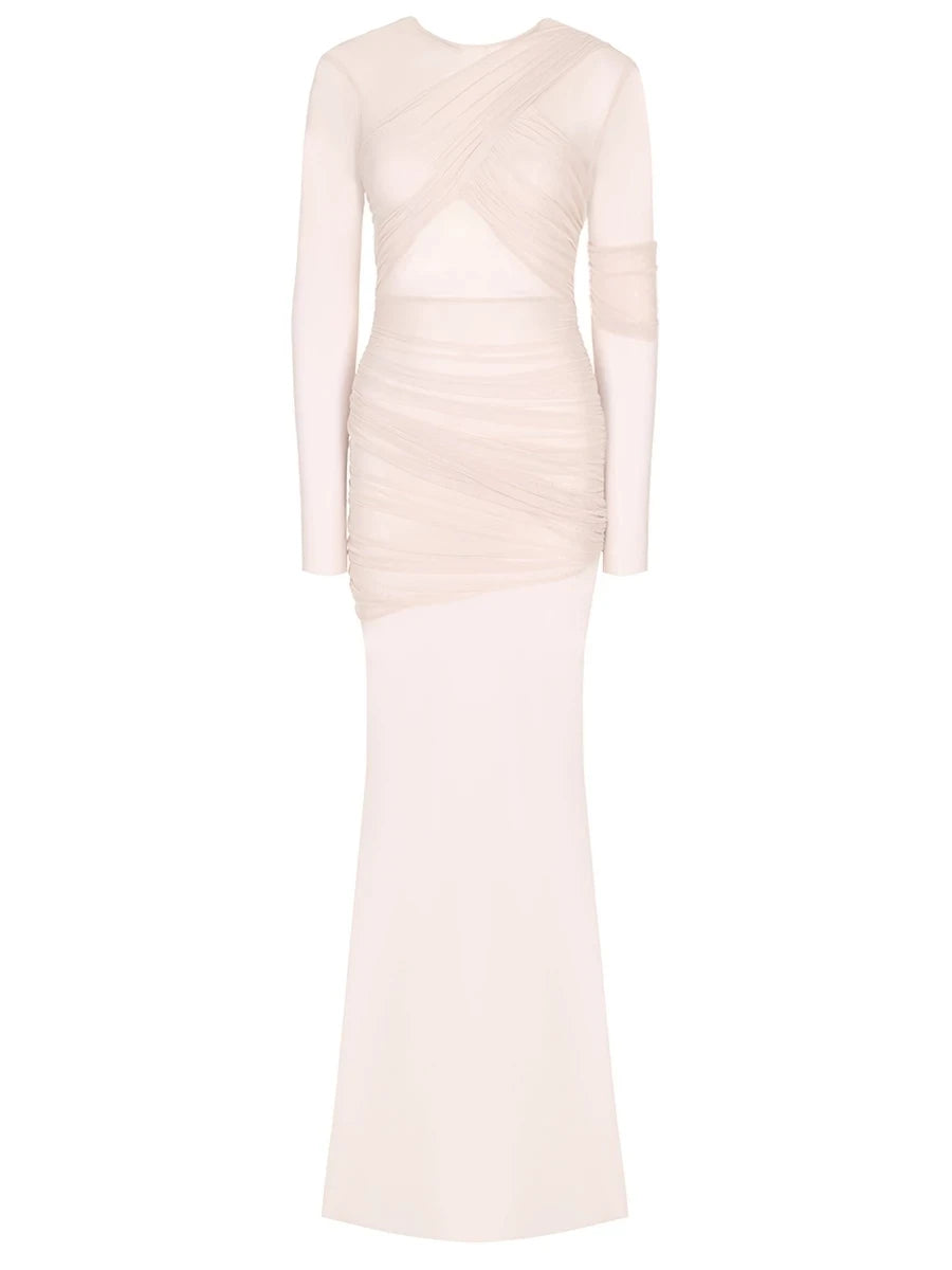 Vestido Longo Tule Manga Comprida